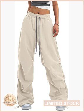 Wide Leg Cargo Pants High Rise Drawstring Waist Y2K Baggy Parachute Track Dance